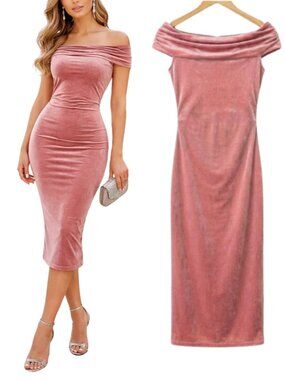 Gianni Bini Velvet Off Shoulder Midi Dress Blush Pink Bodycon Formal M